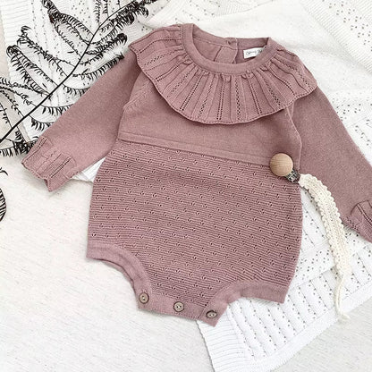 New Autumn Baby Girls Rompers Cotton Knitted Lace Ruffle Collar Infant Girls Bodysuit Knit Pink Princess Toddler Girls Outfits ﻿